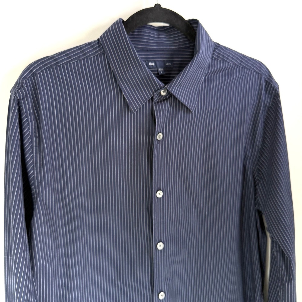 Gap Mens L Slim Fit Navy Blue Pinstripe Long Sleeve Shirt 100%‎ Cotton Stretch